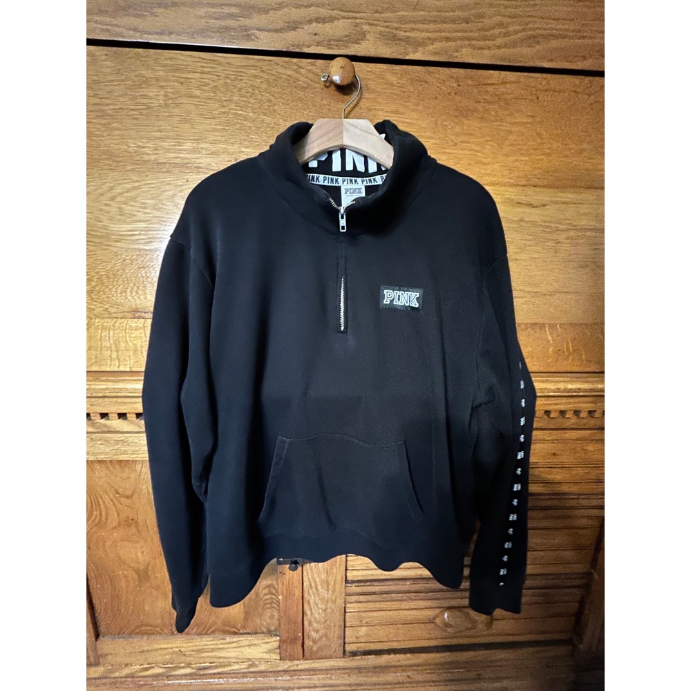 Victorias Secret PINK Y2K Preppy Quarter Zip Sweatshirt Black Logo Tape Pullover